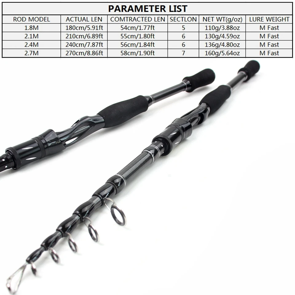 Nuevo 1,8 m 2,1 m 2,4 m 2,7 m caña de pescar de carbono 7-28g peso de señuelo caña giratoria telescópica caña de pescar de viaje portátil - imagen 5
