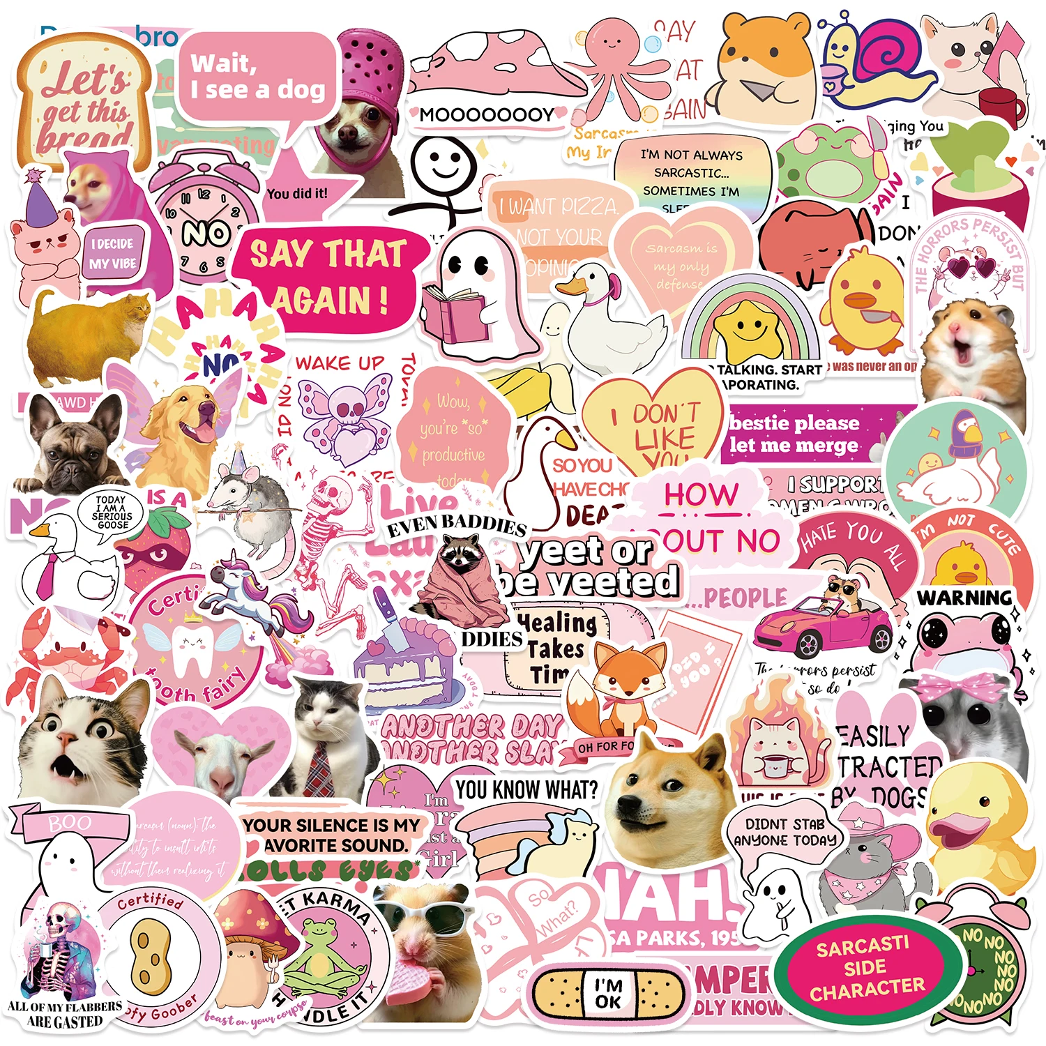 50/100 Uds. Pegatinas de grafiti de dibujos animados divertidos MEME rosa DIY teléfono guitarra portátil maleta taza pegatinas impermeables