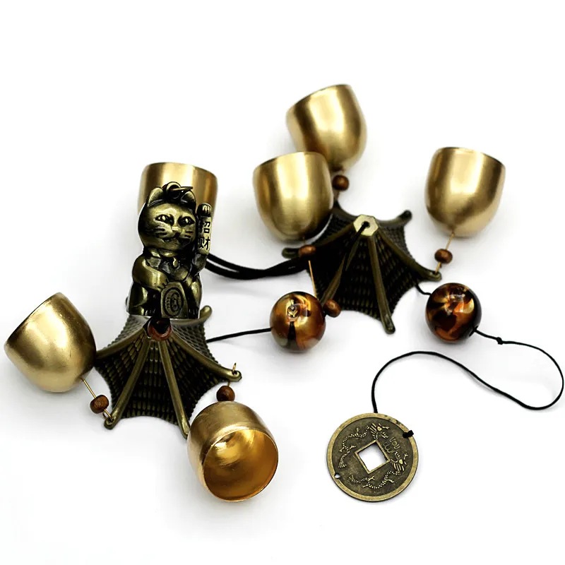 Campanilla de viento de cobre de Metal para decoración de puerta, campana de aleación, colgante Feng Shui, Casa de la ciudad, gato de la suerte, timbre de tienda de dinero - imagen 2