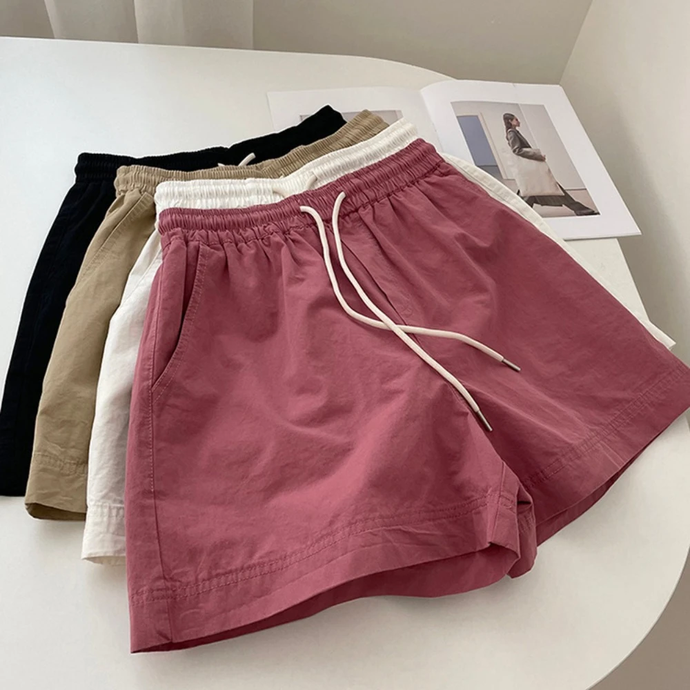 Pantalones cortos sueltos de algodón que combinan con todo, pantalones cortos con cordones y bolsillo, pantalones cortos con cordón de cintura alta, pantalones cortos de pierna ancha de talla grande de Color sólido para mujer - imagen 2