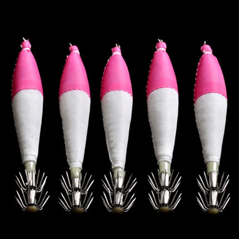 Camarones de madera plásticos del gancho del anzuelo del calamar del camarón que brillan en la oscuridad 4 # Rollo de tela Señuelos de pesca Lote 5 piezas - imagen 2