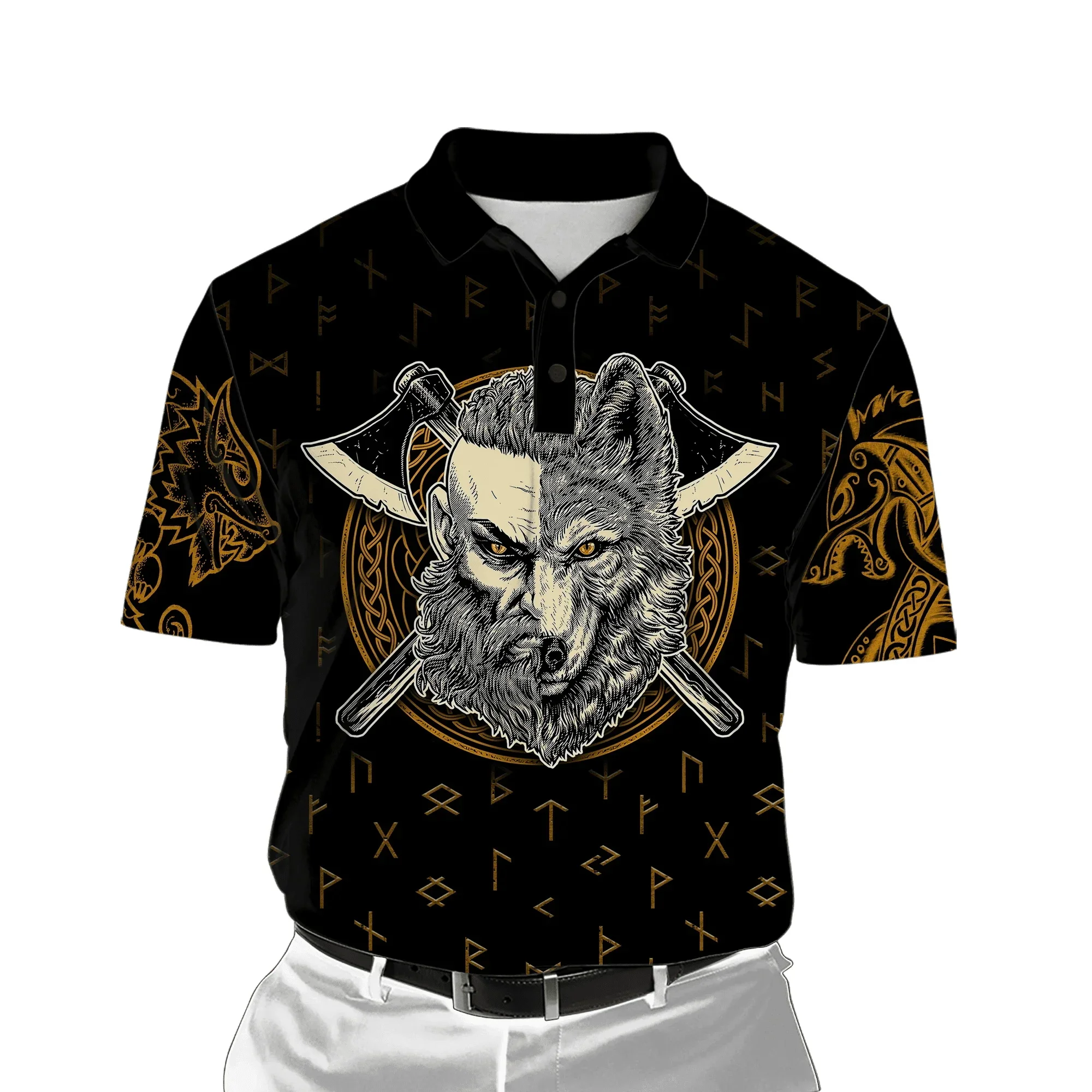 PLstar Cosmos Lobo tatuaje ojos rojos Valknut símbolo 3D completamente estampado hombres Polo camisas Casual solapa camisa de manga corta PLP07 - imagen 2