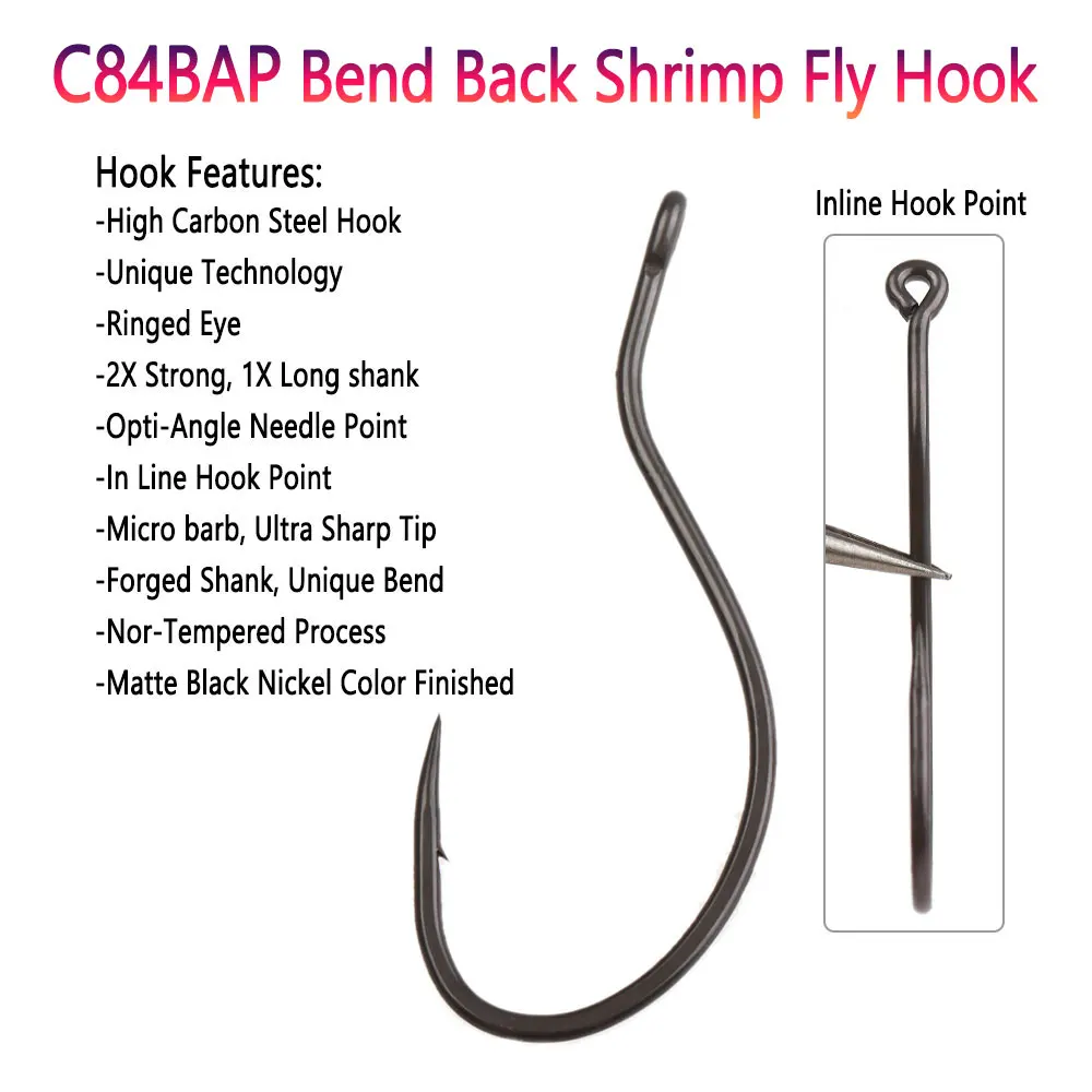 C84BAP 10 piezas # 4 ~ 2/0 2X anzuelo de mosca de camarón con espalda curva fuerte para moscas de camarones grandes serpentinas de espalda curva ninfas Señuelos de pesca de mar - imagen 3