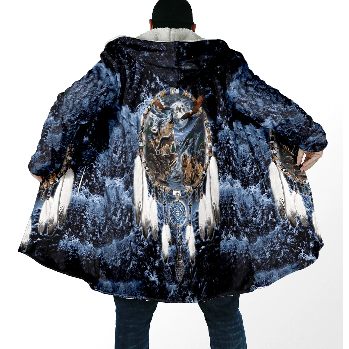 Capa de moda de invierno para hombre, capa con capucha de lana gruesa con estampado de animales de lobo nativo, capa cálida informal Unisex DP84 - imagen 2