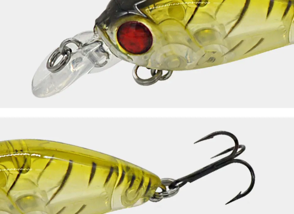 Un señuelo de pesca con un diseño de amarillo y negro brillante con un ojo rojo y tres anzuelos de agudos