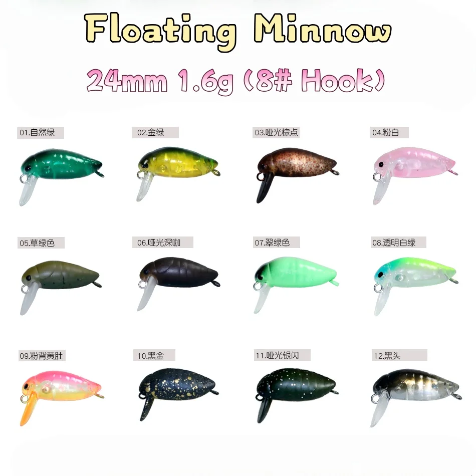 Swolfy-señuelo de pececillo, 12 Uds., 1,6g, 24mm, wobbler flotante, cebos artificiales, Swimbaits Topwater para pesca de trucha y lubina