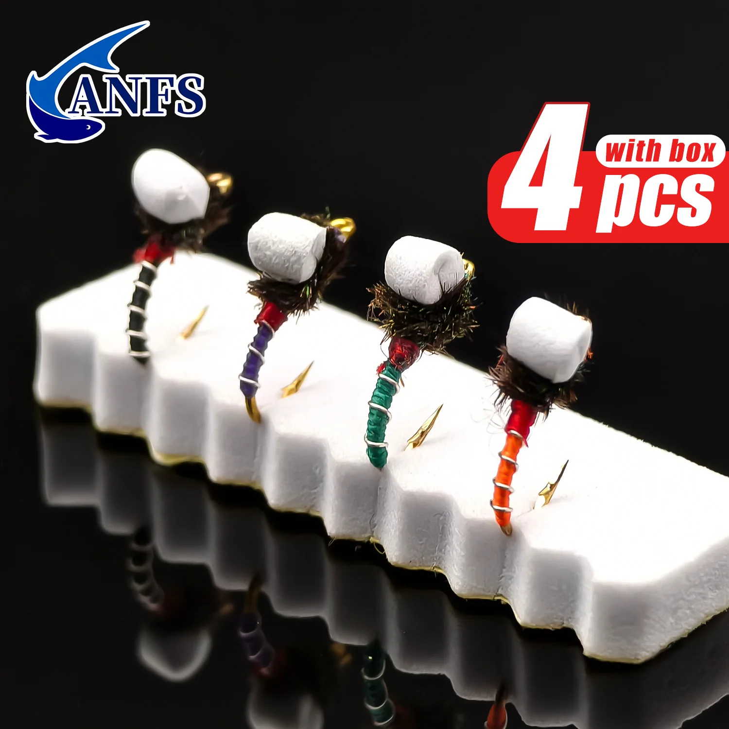 ANFS Buzzers con tirantes, moscas de trucha, paquete de 4 colores mezclados con caja para moscas, moscas de pesca - imagen 2