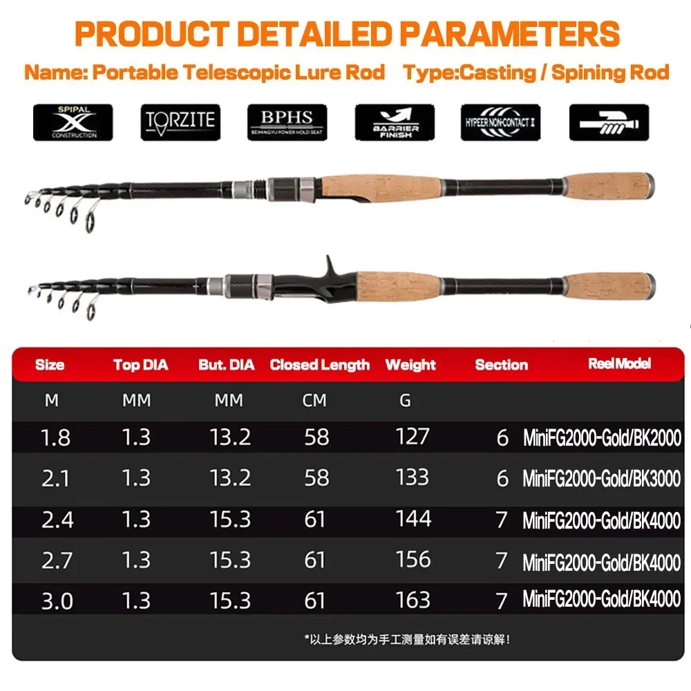 Caña de pescar de carbono telescópica, Kit de carrete giratorio, juego completo de señuelo de anzuelo de línea, 2,7/3,0 M - imagen 5