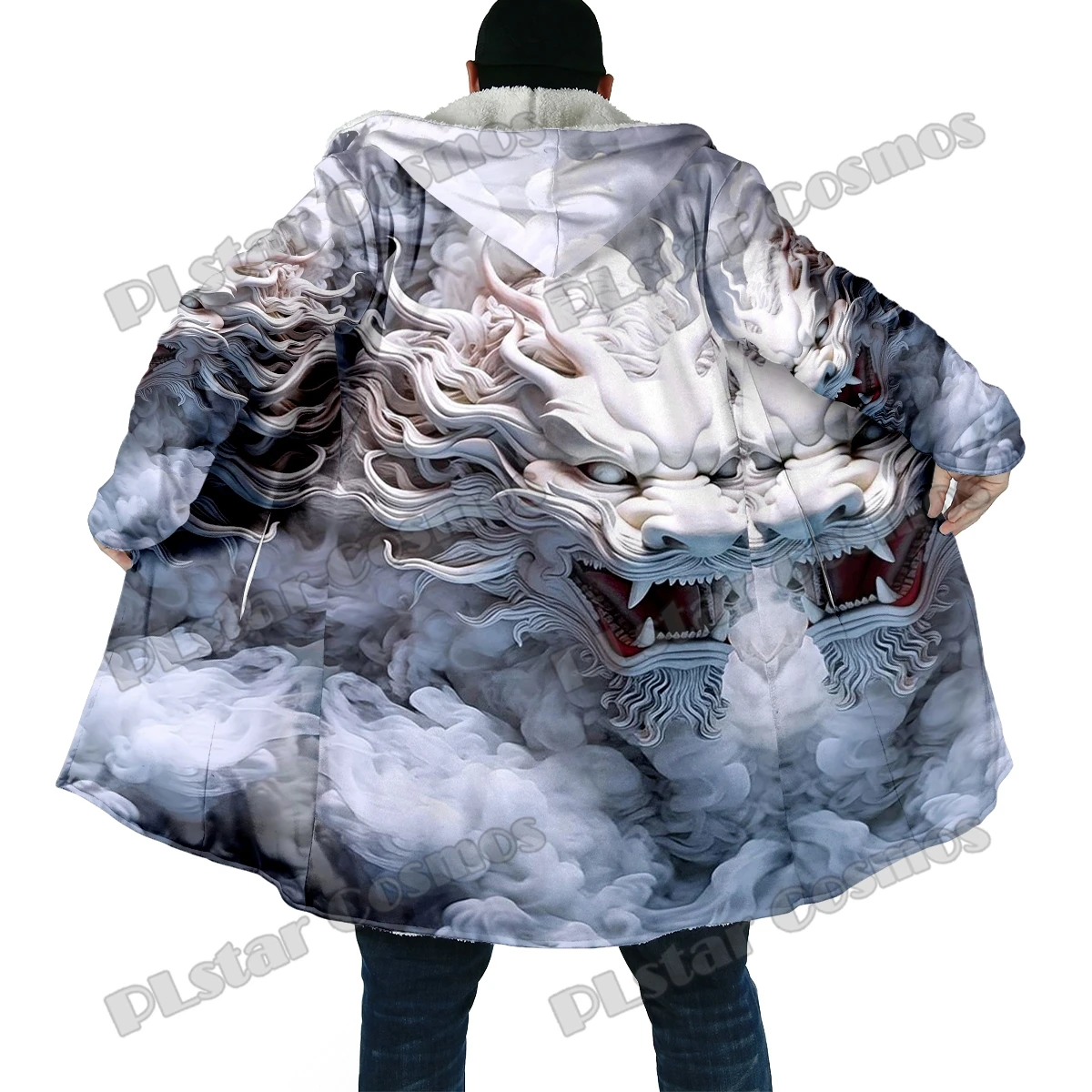 Capa con capucha de forro polar grueso para hombre, capa con estampado 3D de tatuaje de dragón, informal, cálida, a la moda, para invierno, DP46 - imagen 5