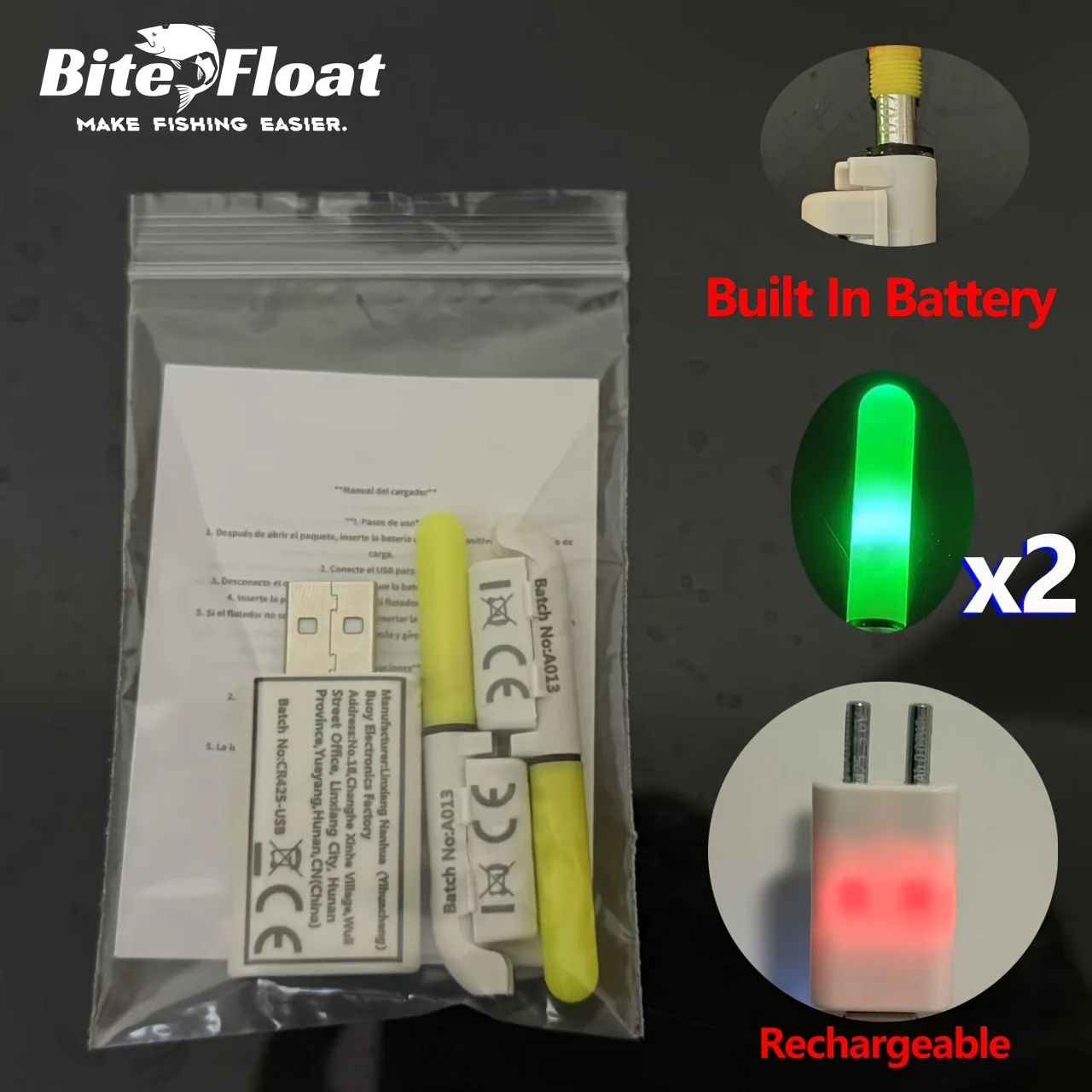 Bite Float luces para cañas recargables USB con baterías CR425 - imagen 2