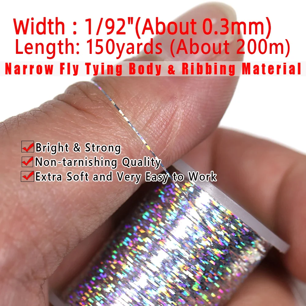 Wifreo-tira de Mylar estrecha para atar moscas, oropel de Flash holográfico, cuerpos de Ninfa, ribetes, materiales de serpentina en seco y húmedo, 0,3mm de ancho, 150 yardas - imagen 3