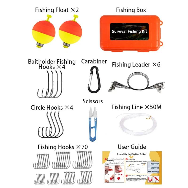 JSFUN-Kit de pesca con señuelo de emergencia, juego de aparejos de pesca todo en uno con tijeras de línea, anzuelos flotadores, pesca duradera portátil, 90 Uds. - imagen 2
