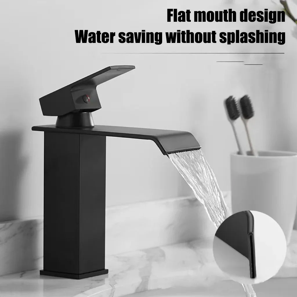 Grifo frío y caliente de cascada negra para encimera, lavabo, gabinete de baño, grifo de lavabo a prueba de salpicaduras, cocina
