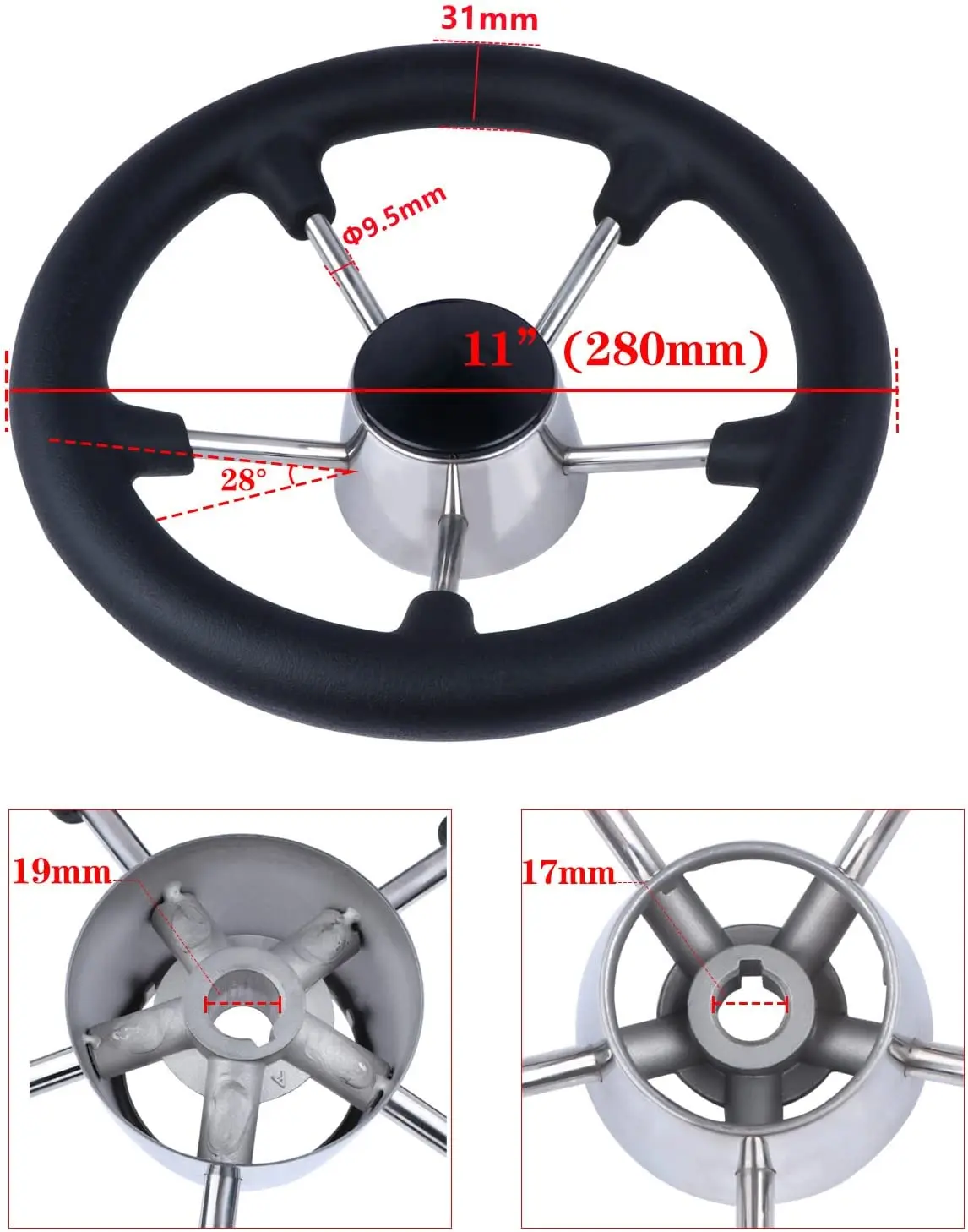 Volante marino de acero inoxidable, accesorio de 11 pulgadas con espuma negra y destructor de 5 radios para yate y barco - imagen 2