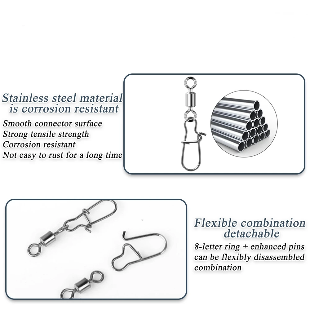 50 Uds conector de pesca de acero inoxidable rodamiento a presión anzuelos de pesca rodante señuelo de pesca de mar aparejos de plantilla de Pin multifunción - imagen 4