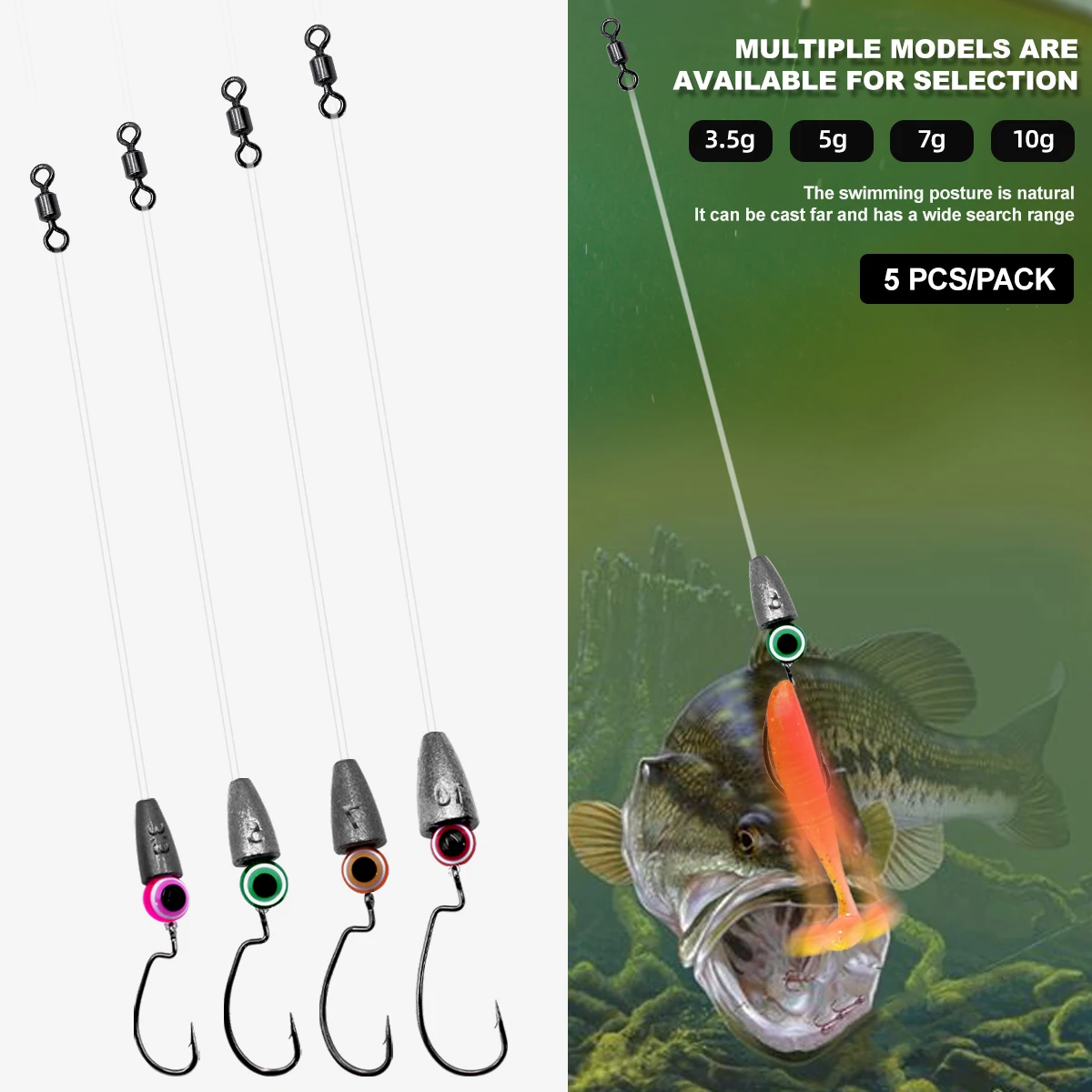 ZYZ 5 unids/lote Texas Rigs 3,5/5/7/10g para líderes de pesca de lubina con ganchos de pesas Kit de sedal aparejado aparejos de pesca aparejos listos - imagen 5