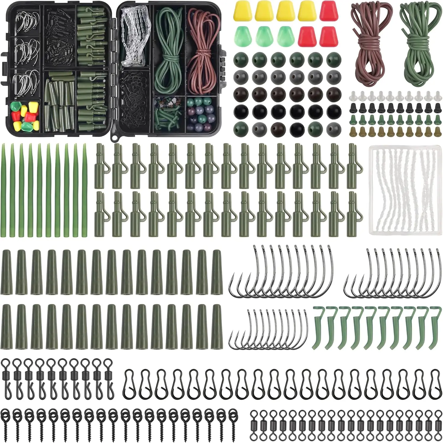 Caja de aparejos de pesca de carpa, 362 Uds., manga antienredos, alineador de línea, tapón de tornillo de cebo, accesorios de pesca de carpa preatados