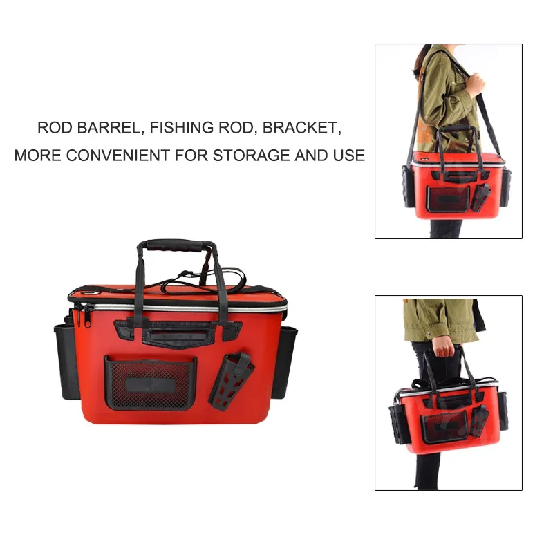 Almacenamiento de aparejos de gran capacidad, múltiples bolsillos con asa, bolsa de malla Eva, cierre de cremallera, correa de hombro portátil, caja de pesca viva - imagen 3