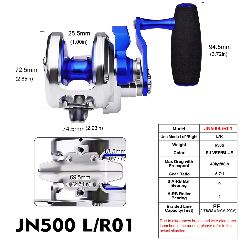 PROBEROS-Carretes de pesca Jigging con Ratio de engranaje 5,7: 1, carretes de arrastre (mano izquierda/derecha), aluminio, Color azul, CNC mecanizado, carretes de pesca de agua de mar - imagen 3