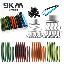 Kit de aparejo loco de 9KM para pesca de lubina, 143/171 Uds., gusanos locos de plástico suave (4 pulgadas y 5 pulgadas), anzuelos y herramientas, juntas tóricas para lubina