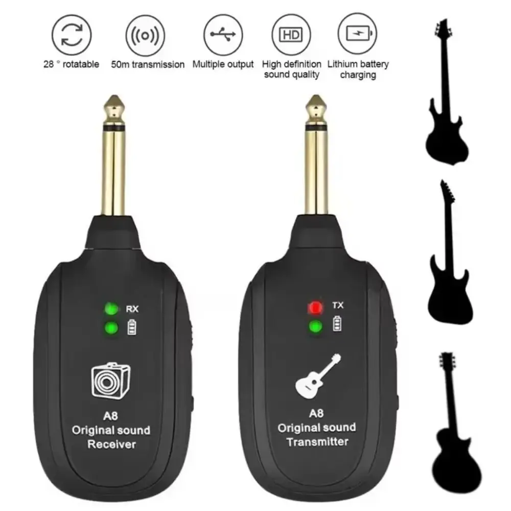 1 Juego de transmisor y receptor de guitarra UHF 20Hz-20kHz USB receptor de guitarra inalámbrico recargable A8 adaptador de guitarra inalámbrico bajo