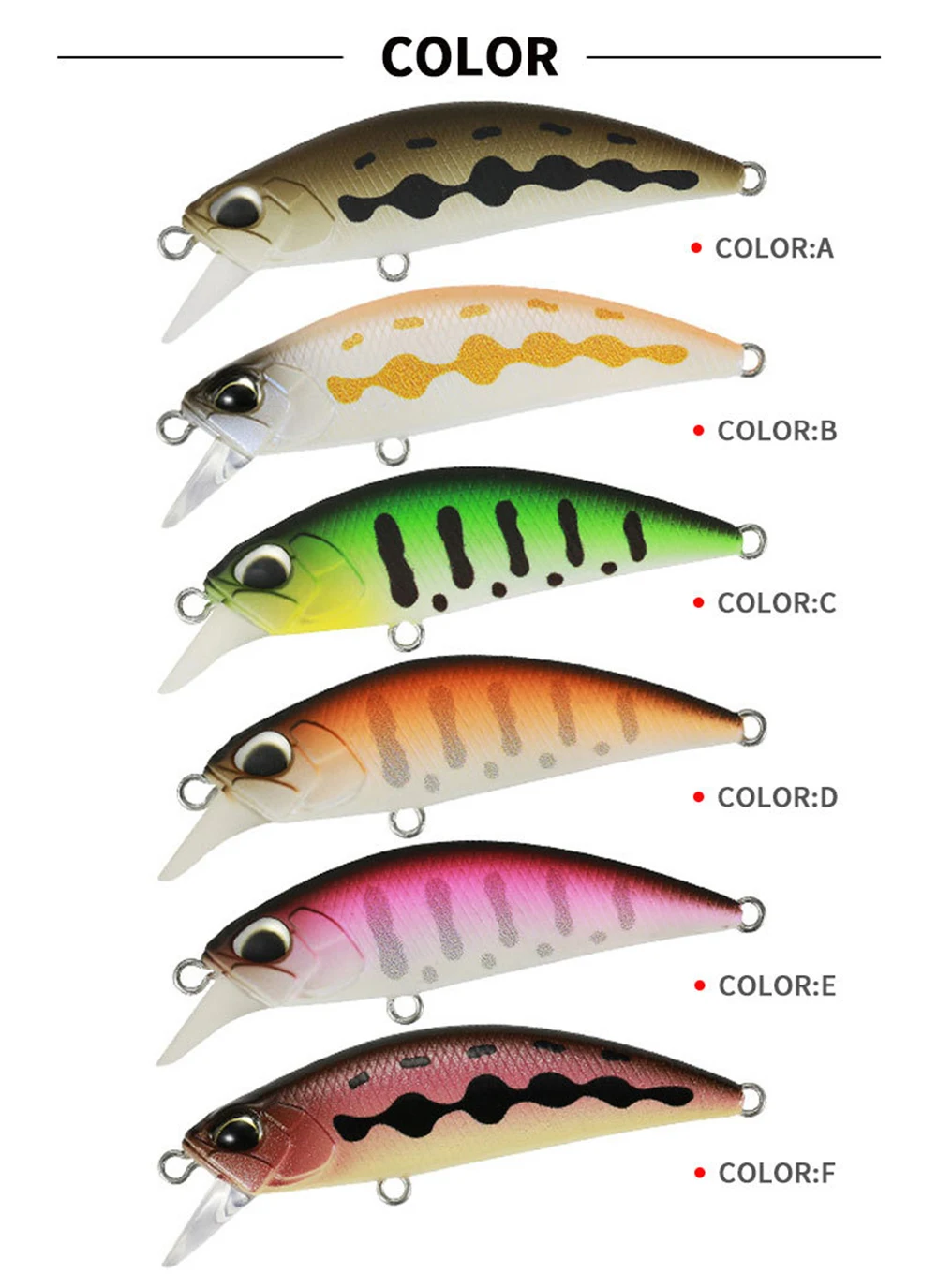 Explore las diversas opciones de color para su señuelo de pesca con color-a a color-f