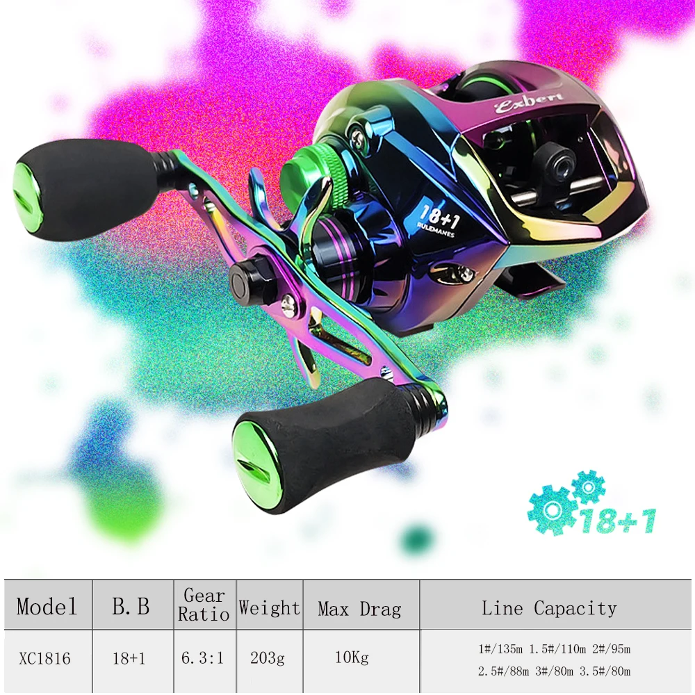 Volin-carrete de pesca Baitcasting, sistema de freno magnético, galvanoplastia colorida, Universal, 18 + 1 BB 6,3: 1, arrastre máximo de 10kg - imagen 2