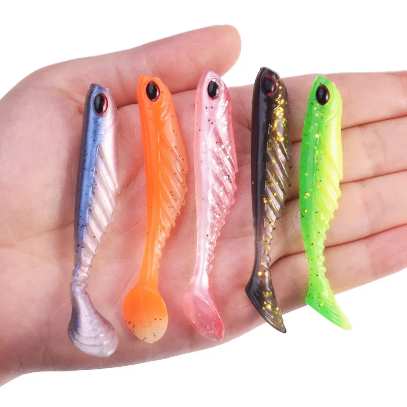 Señuelo de silicona blanda con ojos 3D y cola en T, señuelo de pesca wobbler, señuelo de caucho artificial bicolor, lubina, trucha, jigging, 7cm, 2,8g, 5 uds. - imagen 2