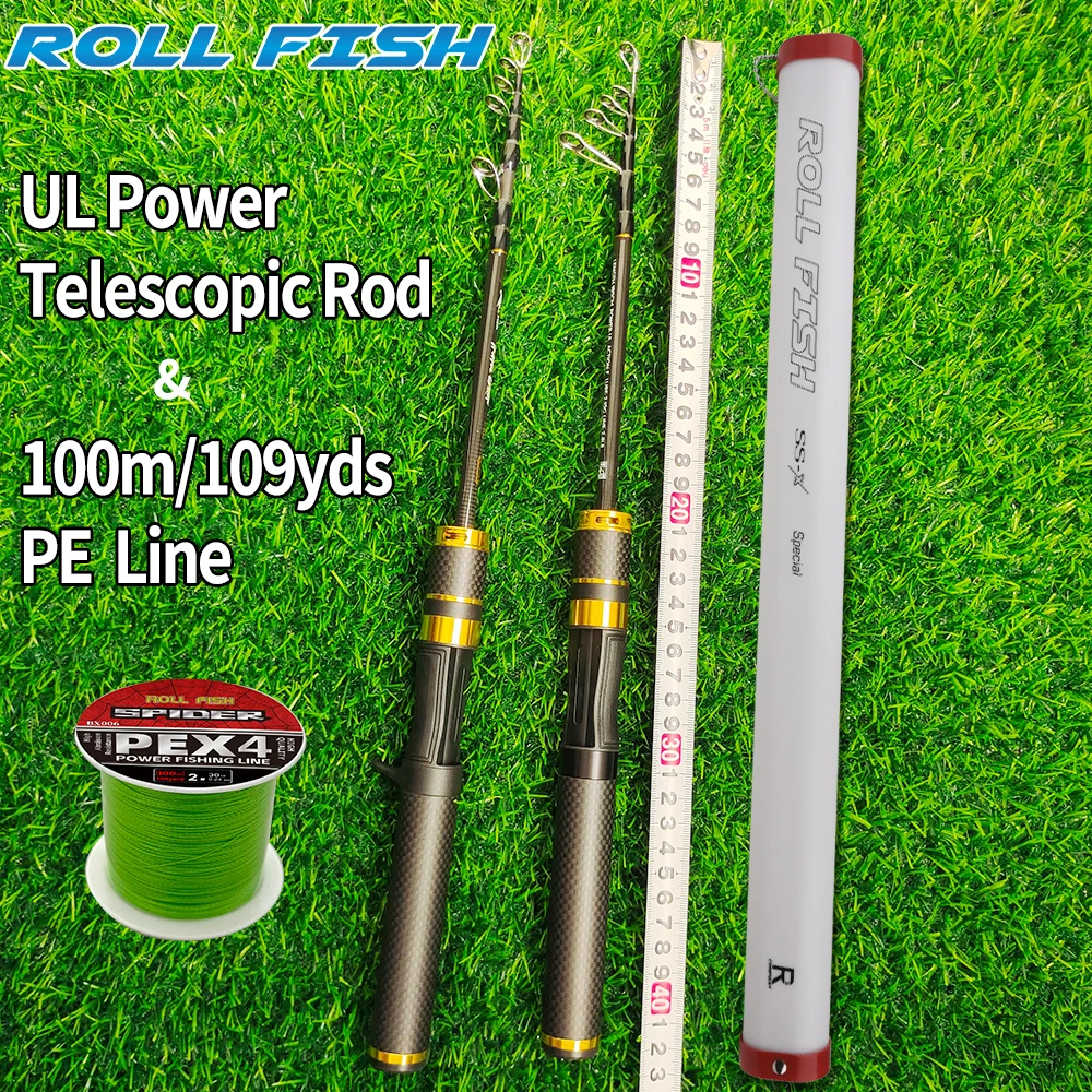 ROLLFISH-caña de pescar telescópica portátil de fibra de carbono para viaje, caña de pescar de fundición giratoria, acción UL, pesca de agua dulce ultraligera + línea de 100m - imagen 2