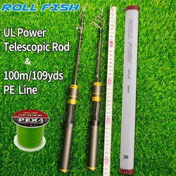 ROLLFISH-caña de pescar telescópica portátil de fibra de carbono para viaje, caña de pescar de fundición giratoria, acción UL, pesca de agua dulce ultraligera + línea de 100m