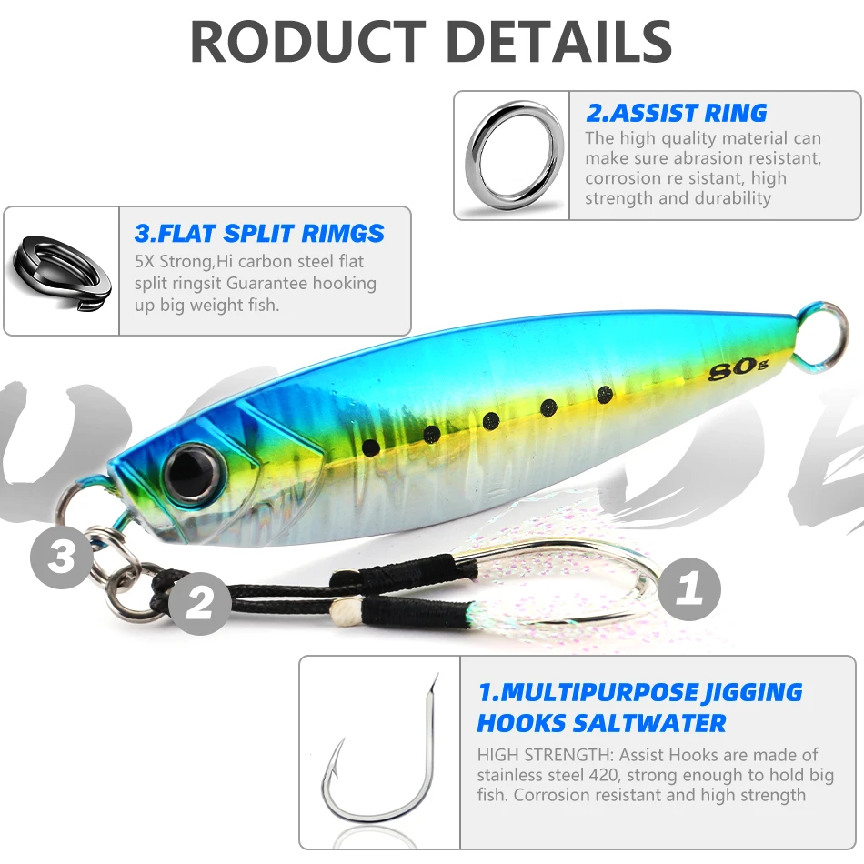 MOOKZZ-señuelo de pesca de jigging lento, anzuelo largo de Metal fundido, 20g, 30g, 40g, 60g, 80g, para barco de aguas profundas - imagen 5