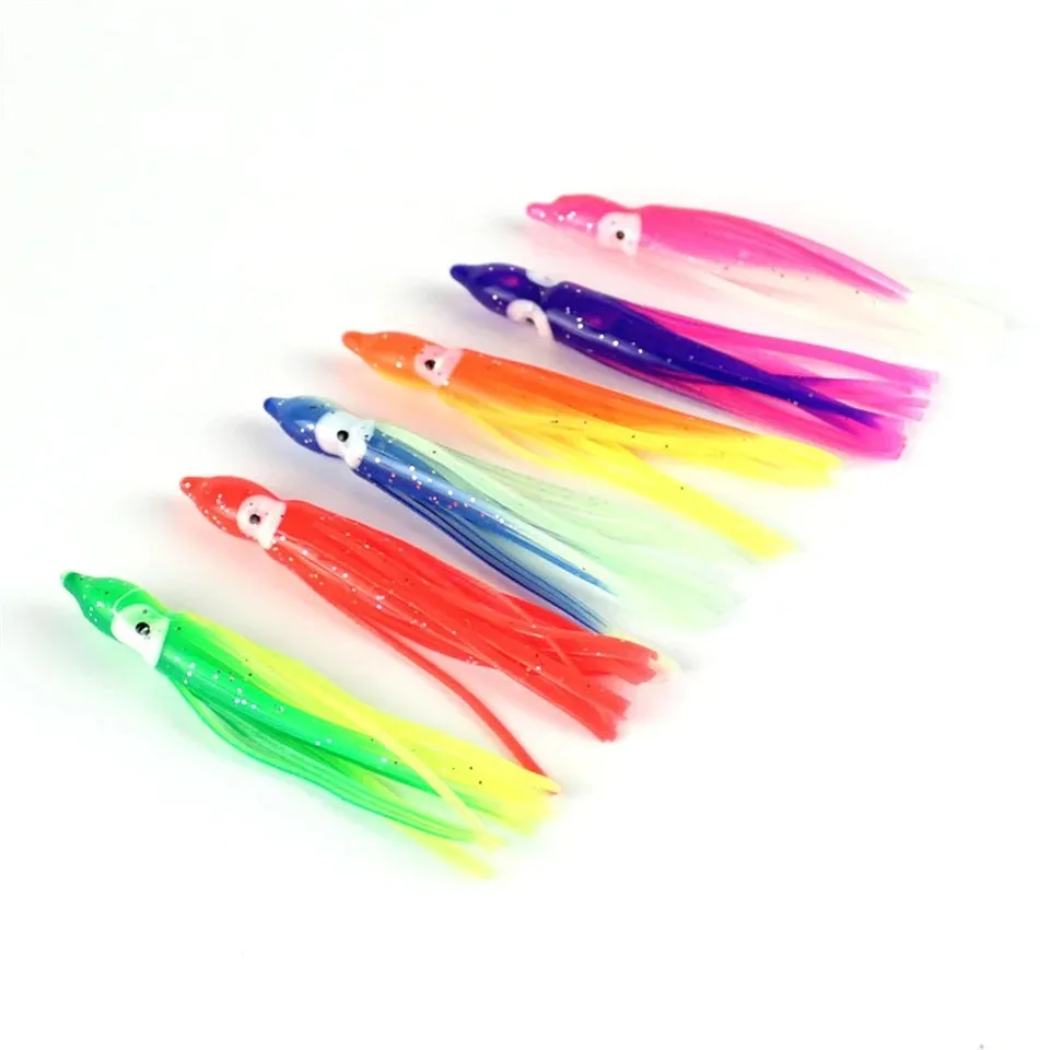 Juego de Señuelos de Pesca de calamar brillantes, 6 uds., 9cm, colores aleatorios, cola de pulpo, Jigging, sábalo, cebos de pesca con brillo nocturno para pesca con caña