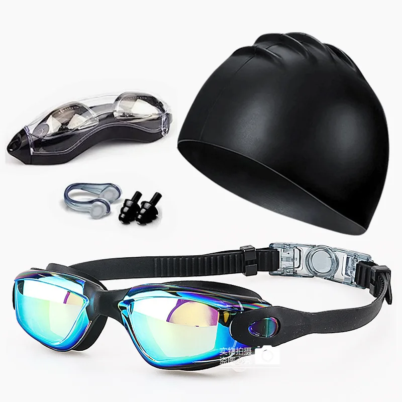 4 gafas de natación galvanizadas antivaho de alta definición para natación para adultos, tapones para los oídos con clip para la nariz de silicona impermeables, gorros de natación - imagen 5