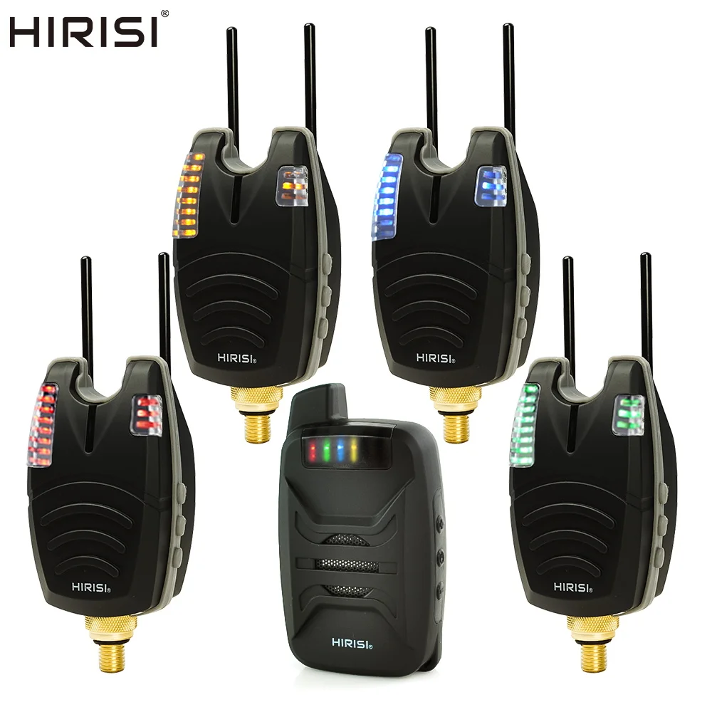 Hirisi-Juego de alarma de pesca de carpa, indicador de picadura de pesca inalámbrico, 1 + 4 juegos con sonido, luz LED de advertencia, accesorios de pesca B1230 - imagen 2