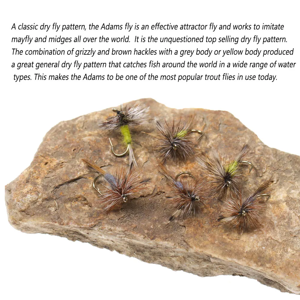 Bimoo 6PCS # 10~ # 16 Grizzly Brown Hackle Adams mosca seca anzuelo con púas puede mosca Midge mosca trucha Señuelos de pesca cebos gris amarillo - imagen 5