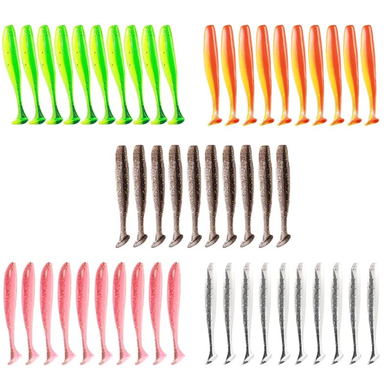 50 unids/caja suave T cola de paleta cebo de gusano 7cm 2,1g fácil brillo cebos blandos artificiales olor añadido para pesca de lubina Wobblers - imagen 4