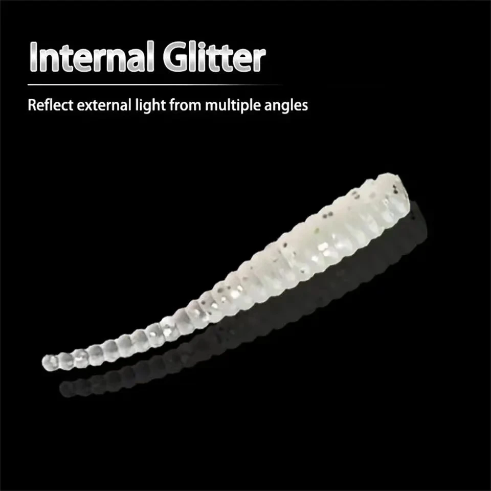 Rooblinos 20 piezas gusano de cola de una sola aguja Micro 35mm señuelo de pesca Ajing pequeño pez roca silicona Isca cebo Artificial plantilla luminosa - imagen 5