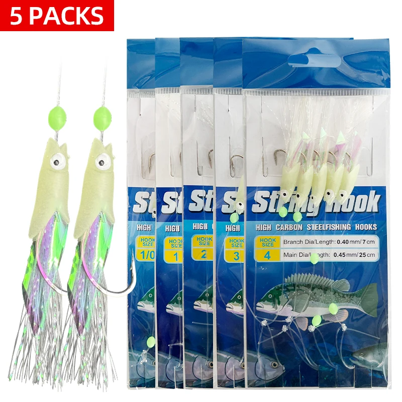 Mezcla de 5 unids/bolsa, 5 anzuelos, aparejos Sabiki, Señuelos de pesca de agua salada, aparejos de cebo, piel de pescado Real, gancho de cuerda, caballa, resplandor, aparejos Sabiki