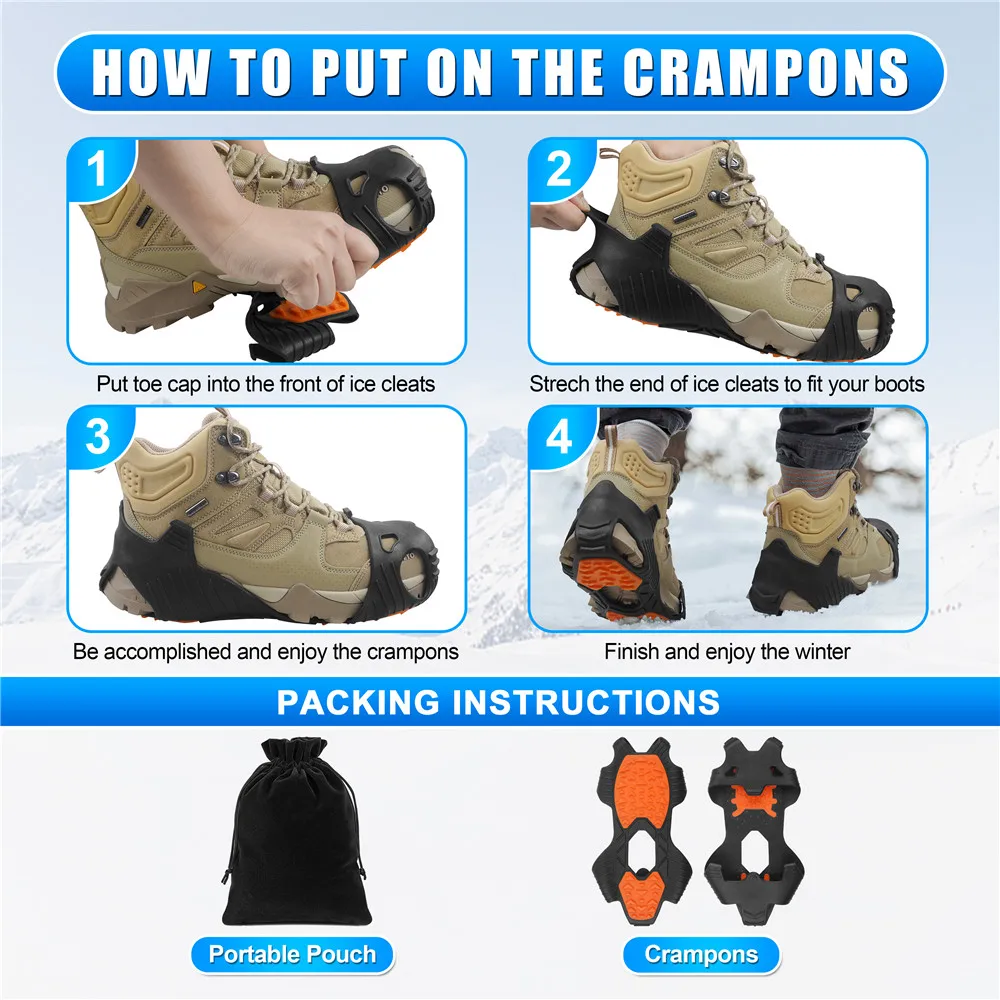 Tacos de hielo sin clavos, Crampones de tracción antideslizantes para nieve, zapatos sin cordones, chanclos para interiores y exteriores, banda de rodadura de goma ligera de pie completo - imagen 5