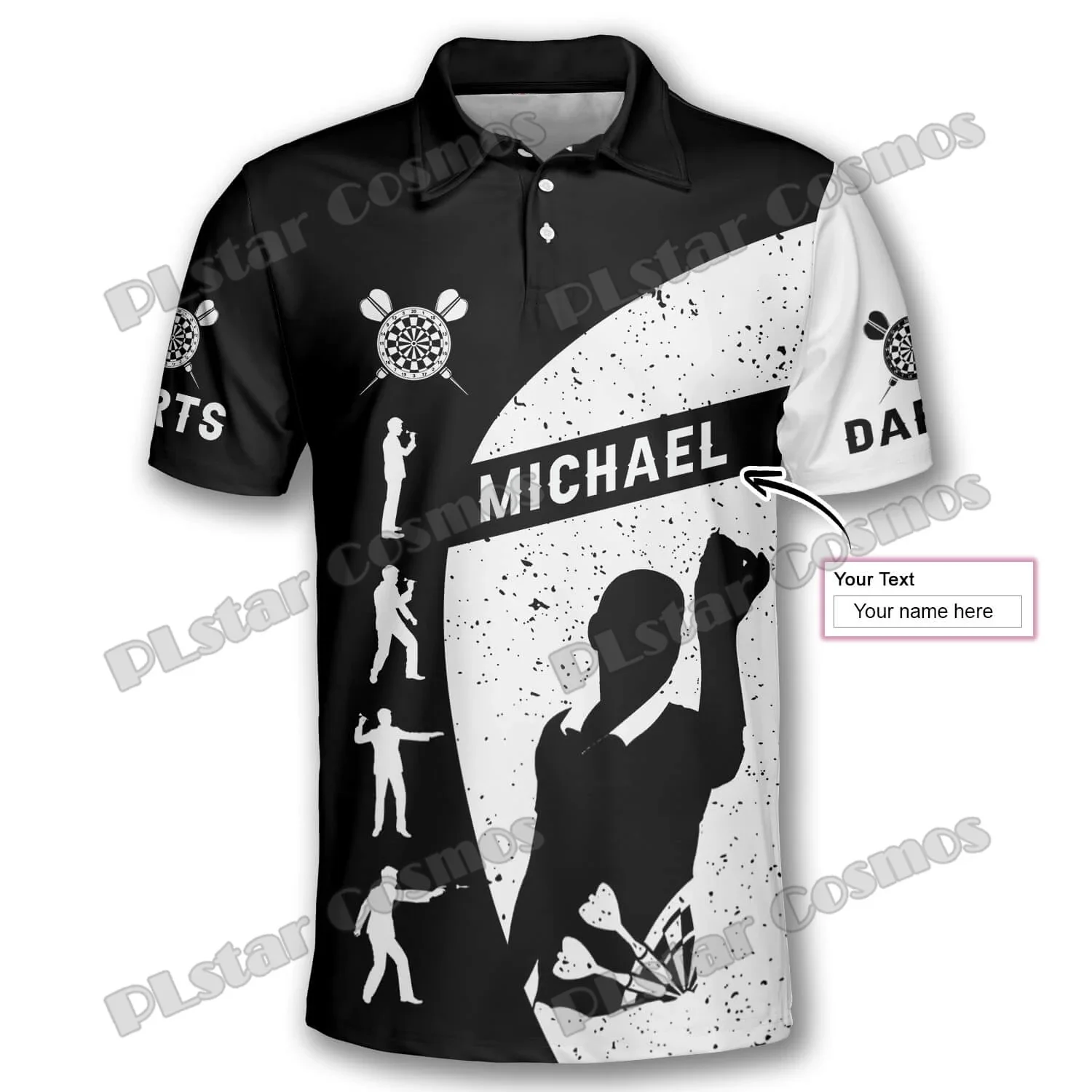 Polo hombre personalizado con emblema 3D dardos en negro y blanco - imagen 5