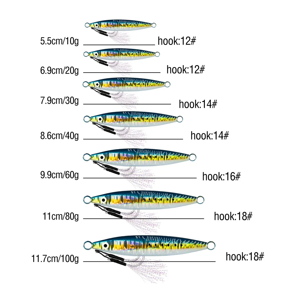 Señuelo de lubina, plantilla de fundición Jugular, 10g30g40g60g100g, atún, señuelos de fundición larga, cebo Artificial giratorio, cuchara, pesca de lubina de agua salada - imagen 5
