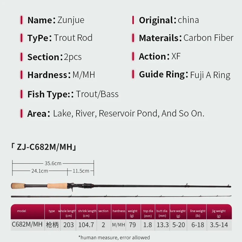 Caña de pescar Kawa Fuji A, anillo guía, asientos de rueda de fibra de carbono, caña de fundición de acción XF, 2,03 m de longitud para señuelos de lubina y trucha, peso 5-20g - imagen 5