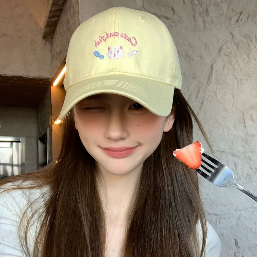 Gorra de béisbol de dibujos animados de gato bordado Simple, sombrilla informal con protección solar, gorra de algodón de estilo japonés con visera para estudiantes - imagen 3