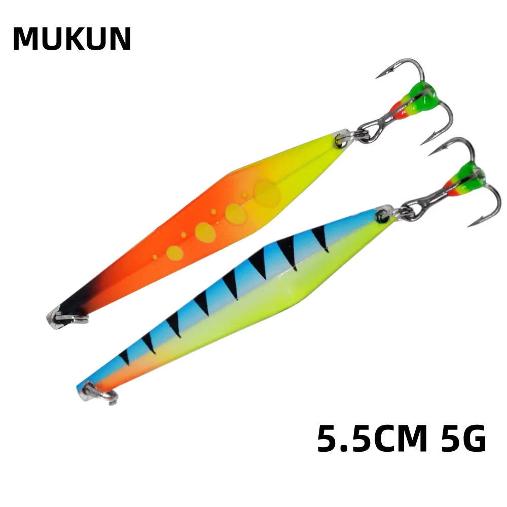 MUKUN 1 Uds. Señuelos de pesca en hielo de invierno cucharas 5g 5,5 cm plantillas de aleación de Zinc Micro peces señuelos artificiales cebo duro de Metal