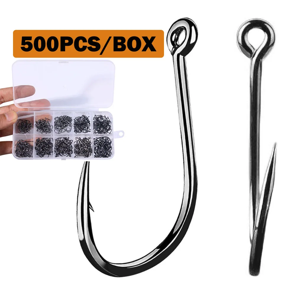 Juego de anzuelos de pesca de 500 Uds., anzuelo de púas duradero afilado de acero rico en carbono, equipo de pesca en roca, accesorios de aparejos con caja - imagen 3