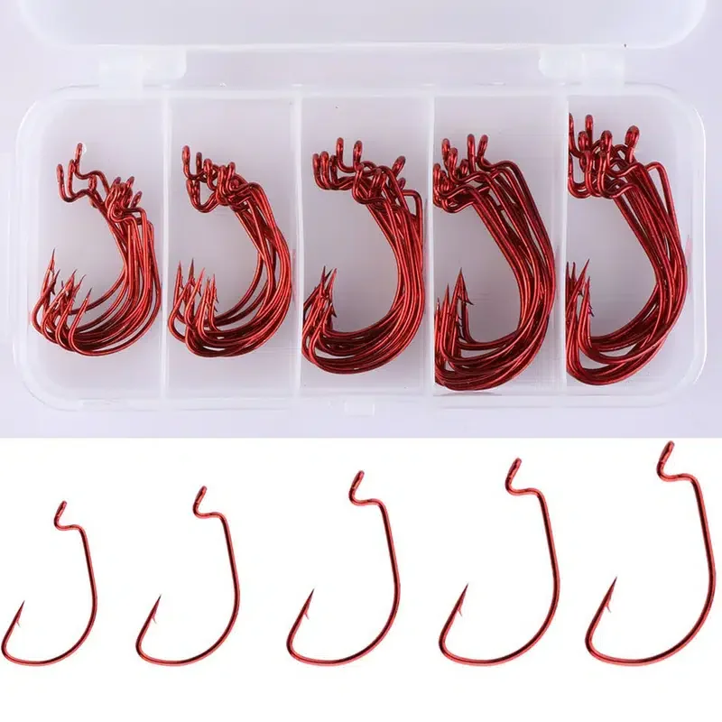 Goture-anzuelo de manivela de níquel rojo, anzuelo de pescado de acero con alto contenido de carbono, juego de diferentes tamaños, 50 piezas - imagen 5