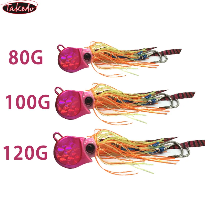 TAKEDO-señuelo de pesca de pulpo, 80G, 100G, 120G, cabeza de anzuelo de Metal, señuelos de curricán, Jigbait de atún, falda de goma, cebo con gancho auxiliar bk * - imagen 4