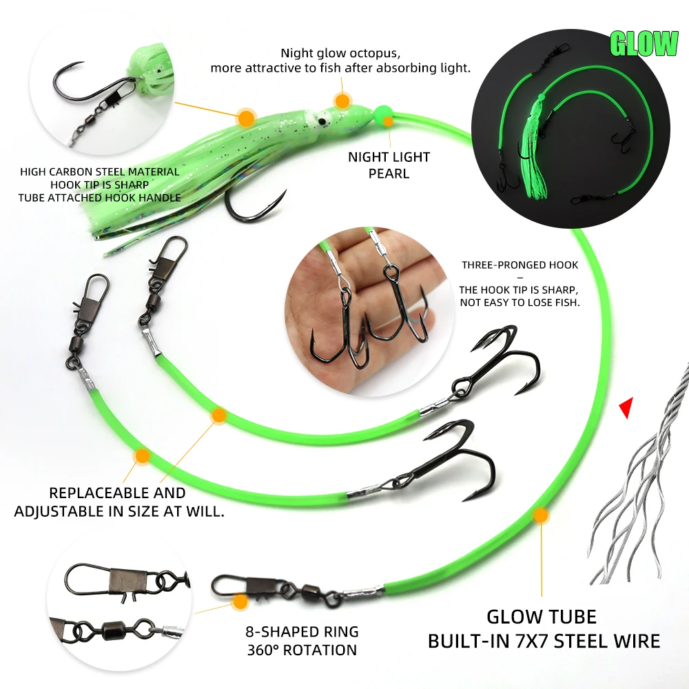 ZYZ, 1 unidad de aparejos Stinger, aparejos de cebo vivo para agua salada con línea de acero, anzuelos triples Doulbe, cebos luminosos de pulpo, Ideal para lubina de bacalao - imagen 3
