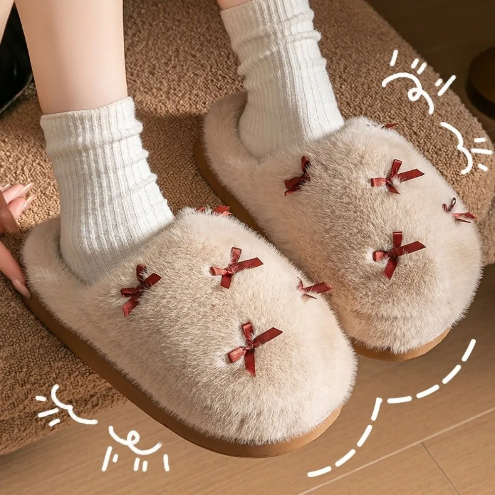 Zapatillas de casa con nudo de lazo a la moda, zapatos de interior gruesos de lana cálida para mujer, zapatillas mullidas antideslizantes con suela de EVA para invierno