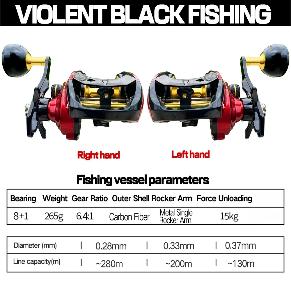 Carrete de Pesca de Baitcasting, carrete de gran capacidad de línea 6,4: 1 8 + 1BB, arrastre máximo 15kg, rueda de Jigging ultraligera, freno fuerte, Pesca de lubina - imagen 4